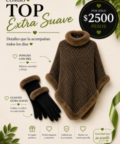 Combo Top Extra Suave con poncho con piel y guantes extra suaves, regalo abrigado y elegante para mamá.