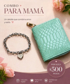 Combo Día de la Madre con billetera de un cierre y pulsera de acero rolo con dije corazón con dedicatoria, regalo elegante y funcional