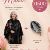 Combo Día de la Madre con ruana polar reversible escocesa y negra y prendedor hoja plateado, conjunto elegante y abrigado