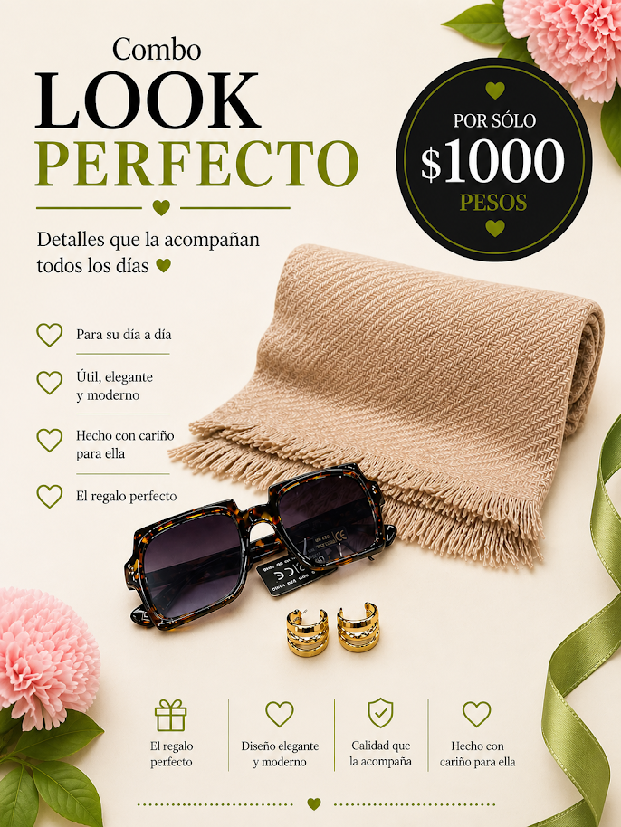 Combo calor perfecto, pashmina, lentes de sol y aros acero dorado