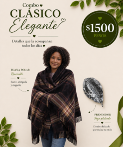 Combo clásico elegante ruana polar reversible mas prendedor plageado hoja