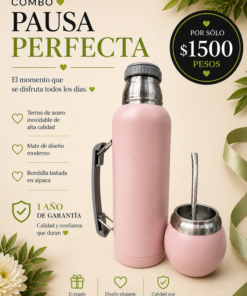 Combo Pausa perfecta, termo botella 1lt, mate acero y bombilla bañada alpaca.