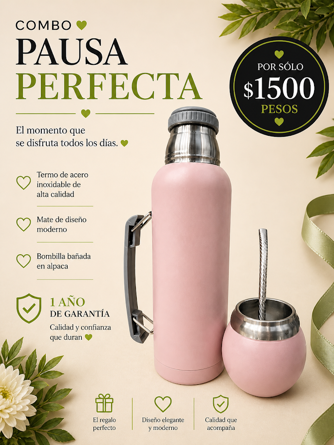 Combo Pausa perfecta, termo botella 1lt, mate acero y bombilla bañada alpaca.