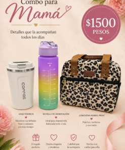 Combo Día de la Madre con lonchera térmica animal print, botella de hidratación 900 ml y vaso térmico con display de temperatura inteligente
