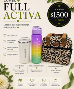 Combo full activa, lonchera animal print botella de hidratacion y vaso termico