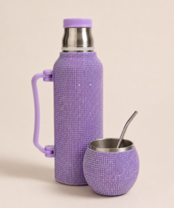Termo de 1 litro con mate de acero y bombilla Full Brillo lila, recubiertos de brillos decorativos. Set matero elegante y moderno para uso diario o regalo.
