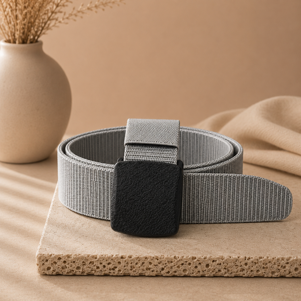 Cinto de cinta regulable estilo skater unisex sobre fondo beige elegante color gris