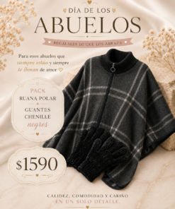 Pack de invierno compuesto por ruana polar con cierre y guantes de chenille, ideal para regalar en el Día de los Abuelos o para disfrutar durante los días fríos.