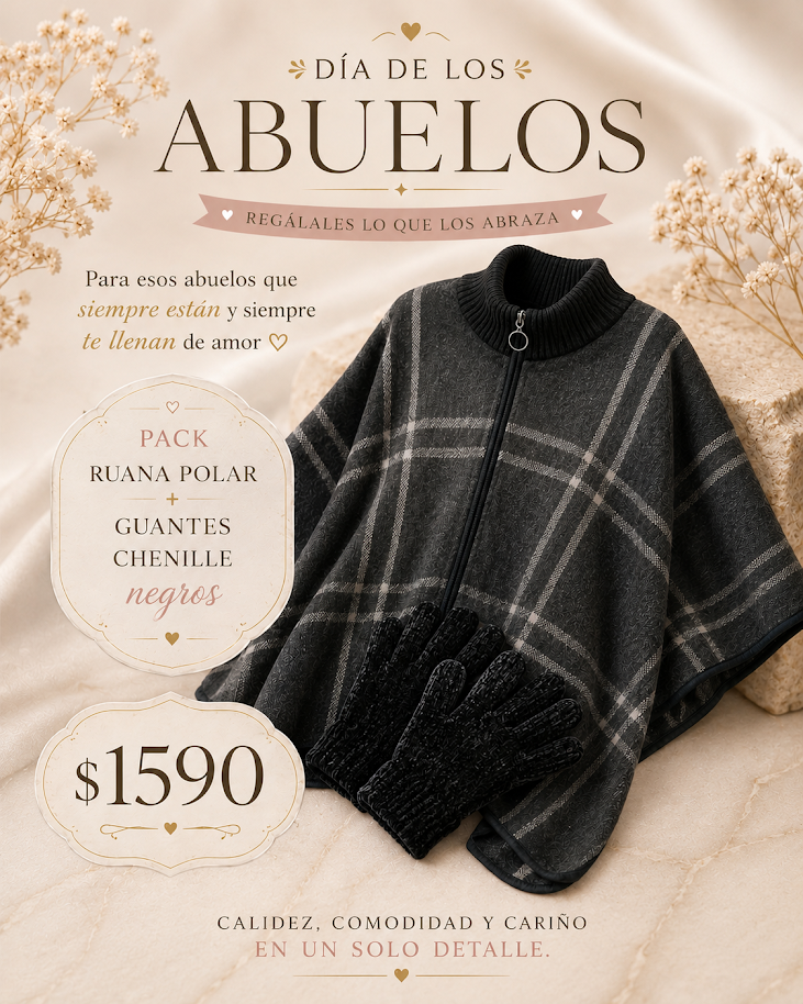 Pack de invierno compuesto por ruana polar con cierre y guantes de chenille, ideal para regalar en el Día de los Abuelos o para disfrutar durante los días fríos.