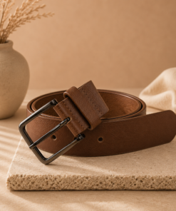 cinto para hombre de eco cuero de 3.5 cm con hebilla metálica rectangular sobre fondo beige elegante