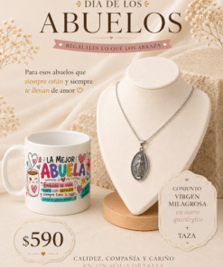 Pack para abuela con conjunto Virgen Milagrosa en acero quirúrgico y taza temática presentado como regalo para el Día de los Abuelos.