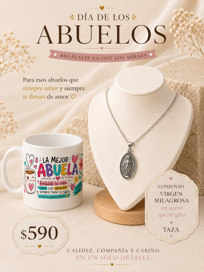 Pack para abuela con conjunto Virgen Milagrosa en acero quirúrgico y taza temática presentado como regalo para el Día de los Abuelos.