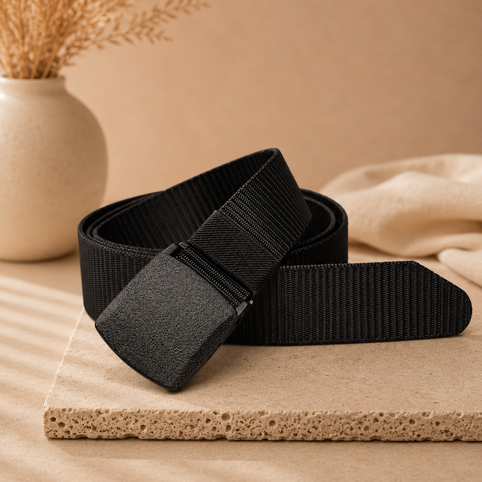 Cinto de cinta regulable estilo skater unisex sobre fondo beige elegante color negro