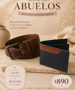 Pack abuelo compuesto por cinto de hombre y billetera de hombre, presentado como regalo para el Día de los Abuelos con accesorios clásicos y funcionales.