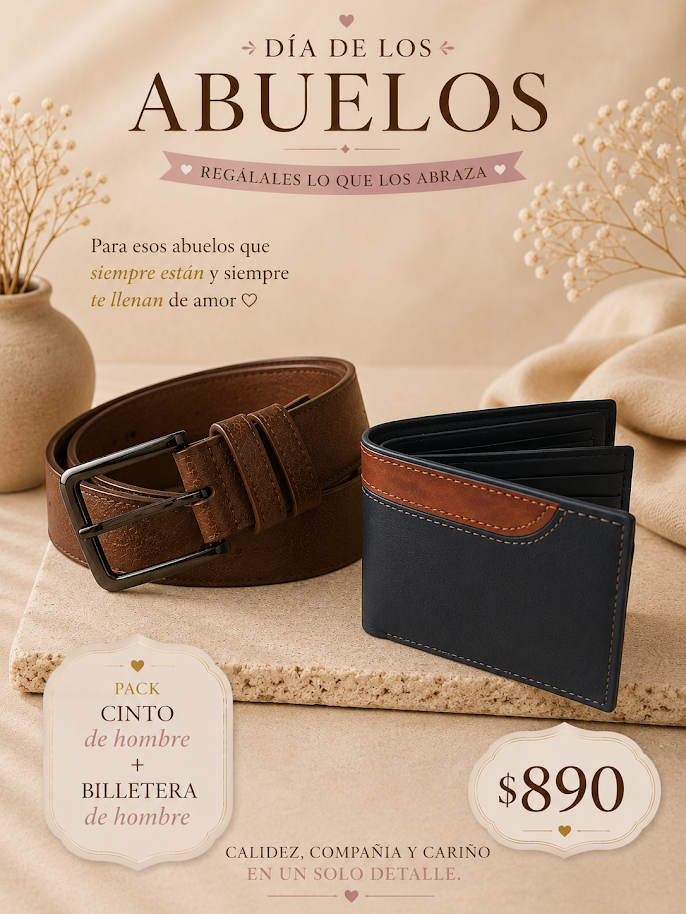Pack abuelo compuesto por cinto de hombre y billetera de hombre, presentado como regalo para el Día de los Abuelos con accesorios clásicos y funcionales.