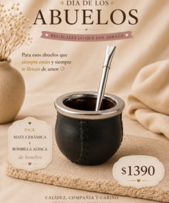 Pack para abuelo con mate de cerámica forrado en cuero y bombilla de alpaca maciza, ideal para regalar en el Día de los Abuelos o en ocasiones especiales.