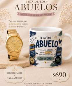 Pack para abuelo compuesto por reloj pulsera de hombre y taza temática con mensaje especial, ideal para regalar en el Día de los Abuelos o en ocasiones especiales.