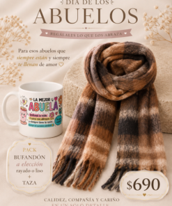 Pack para abuela con bufandón a elección y taza temática presentado como regalo para el Día de los Abuelos.