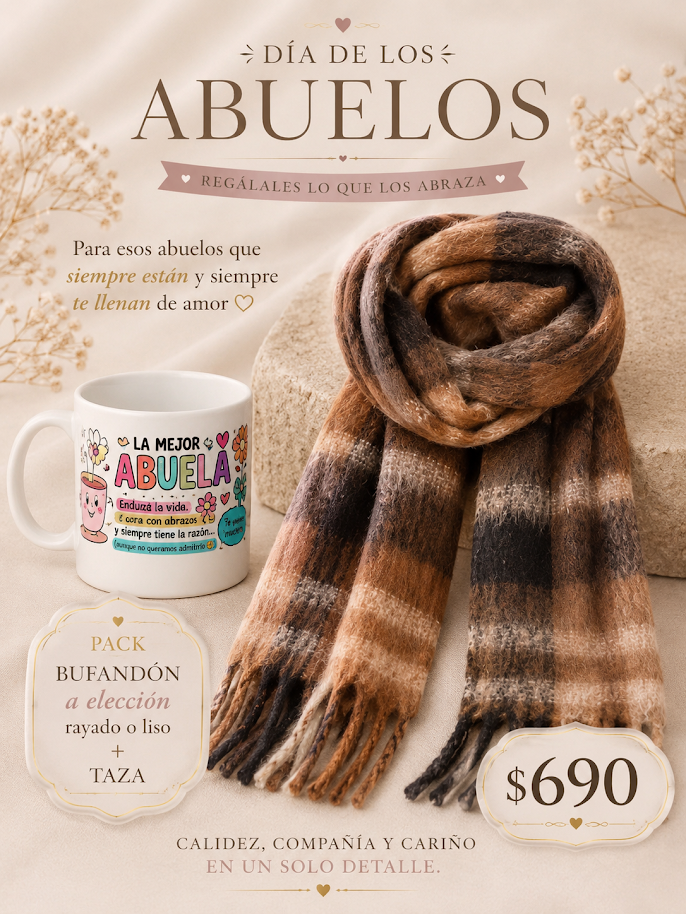 Pack para abuela con bufandón a elección y taza temática presentado como regalo para el Día de los Abuelos.