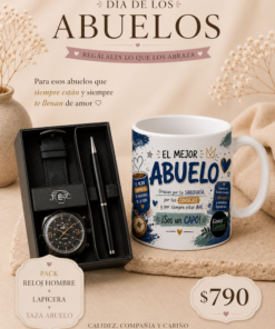 Pack para abuelo con reloj de hombre, lapicera en caja de presentación y taza temática con mensaje especial, ideal para regalar en el Día de los Abuelos.