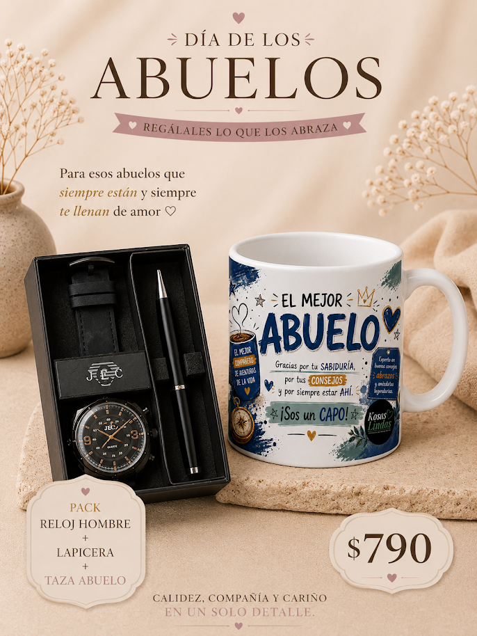Pack para abuelo con reloj de hombre, lapicera en caja de presentación y taza temática con mensaje especial, ideal para regalar en el Día de los Abuelos.
