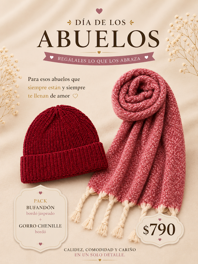 Pack de invierno compuesto por bufandón jaspeado y gorro de chenille, ideal para regalar a los abuelos y disfrutar de mayor abrigo y comodidad en los días fríos.
