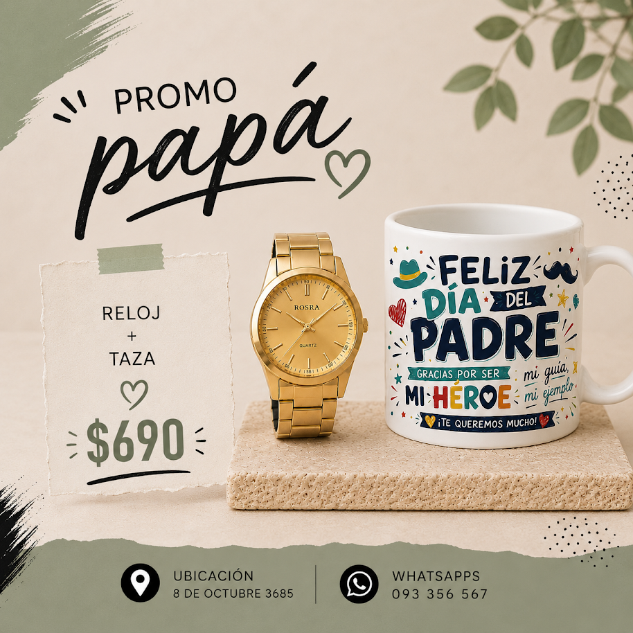 Pack día del padre reloj pulsera dorado + taza diseño