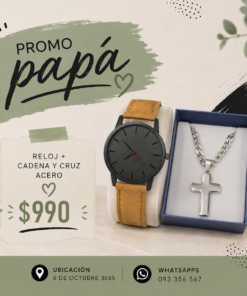Pack Día del Padre con reloj de correa marrón y cadena con dije de cruz en acero