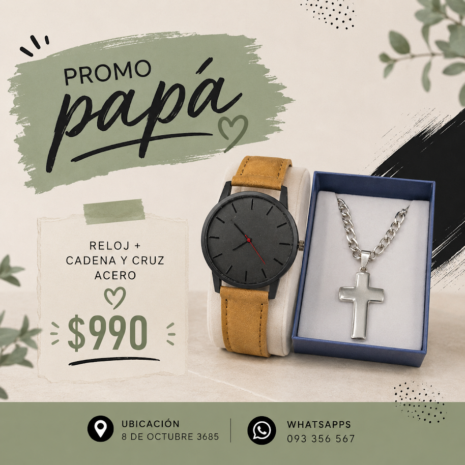 Pack Día del Padre con reloj de correa marrón y cadena con dije de cruz en acero