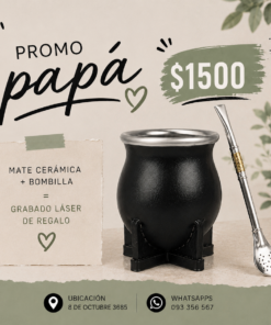 pack papá, mate ceramica forrado en cuero +bombilla alpaca + grabado laser de obsequio