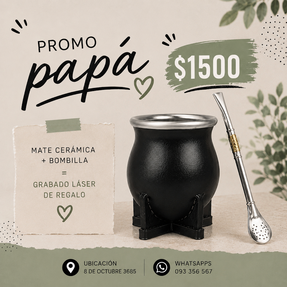 pack papá, mate ceramica forrado en cuero +bombilla alpaca + grabado laser de obsequio