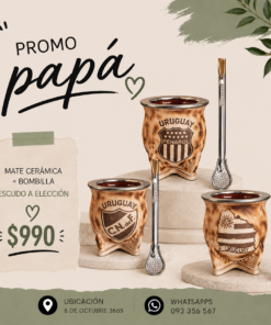 Pack para papá mate cerámica en cuero con escudo a elección mas bombilla bronce cincelado