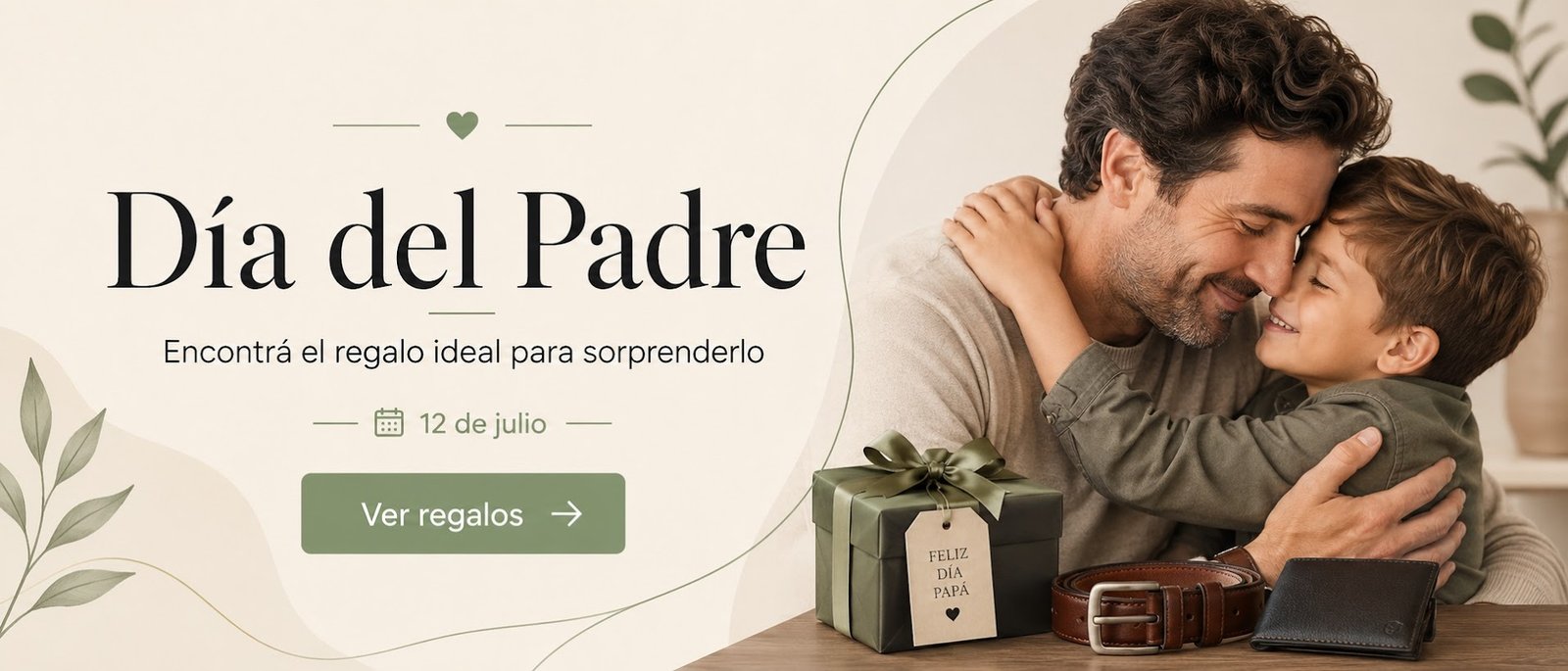 Banner dia del padre, niño abrasando a su papa junto con al regalo