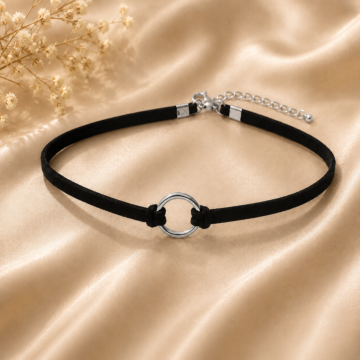 Choker negro de cordón con aro plateado central