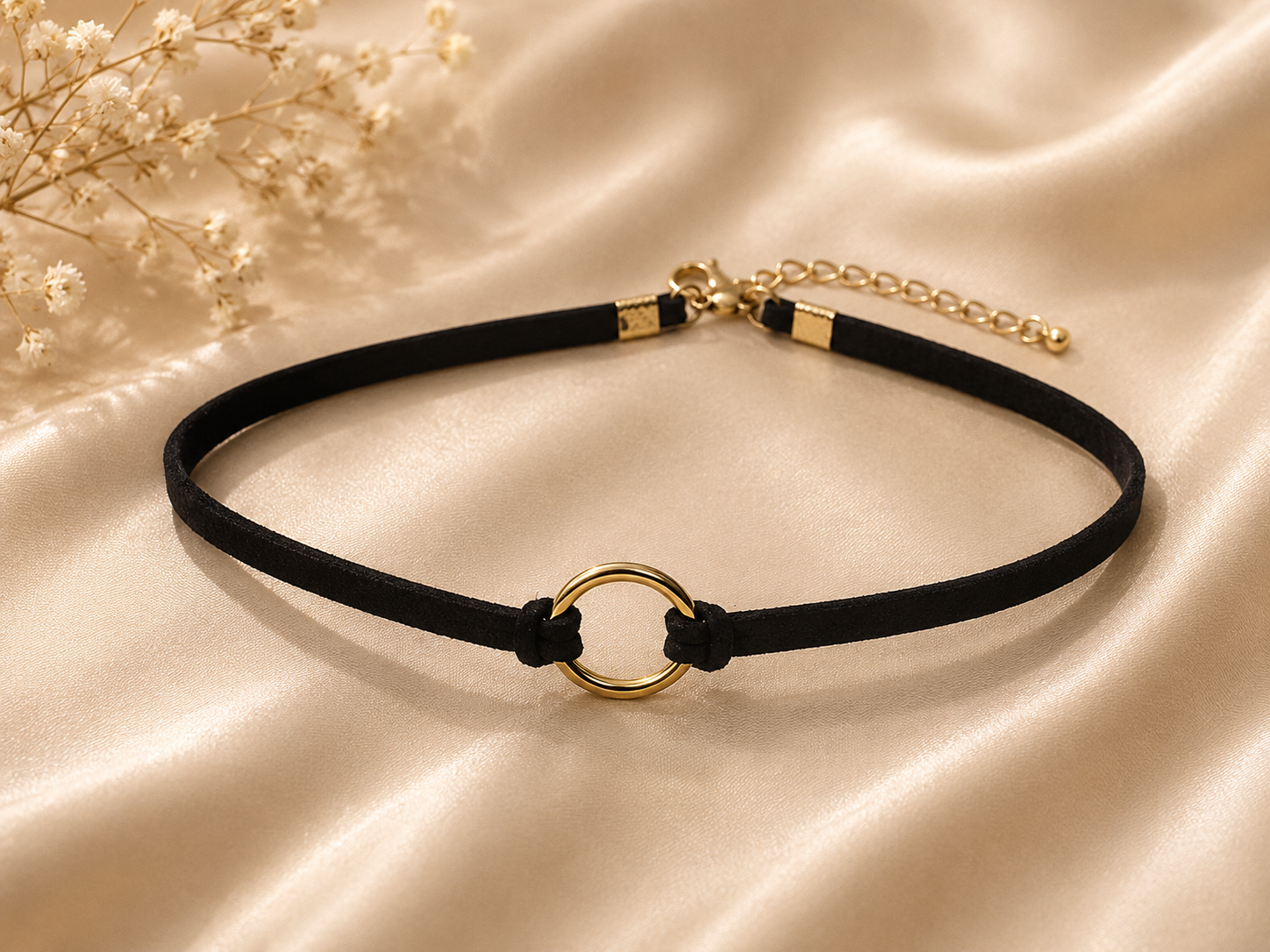 Choker negro de cordón con aro dorado central
