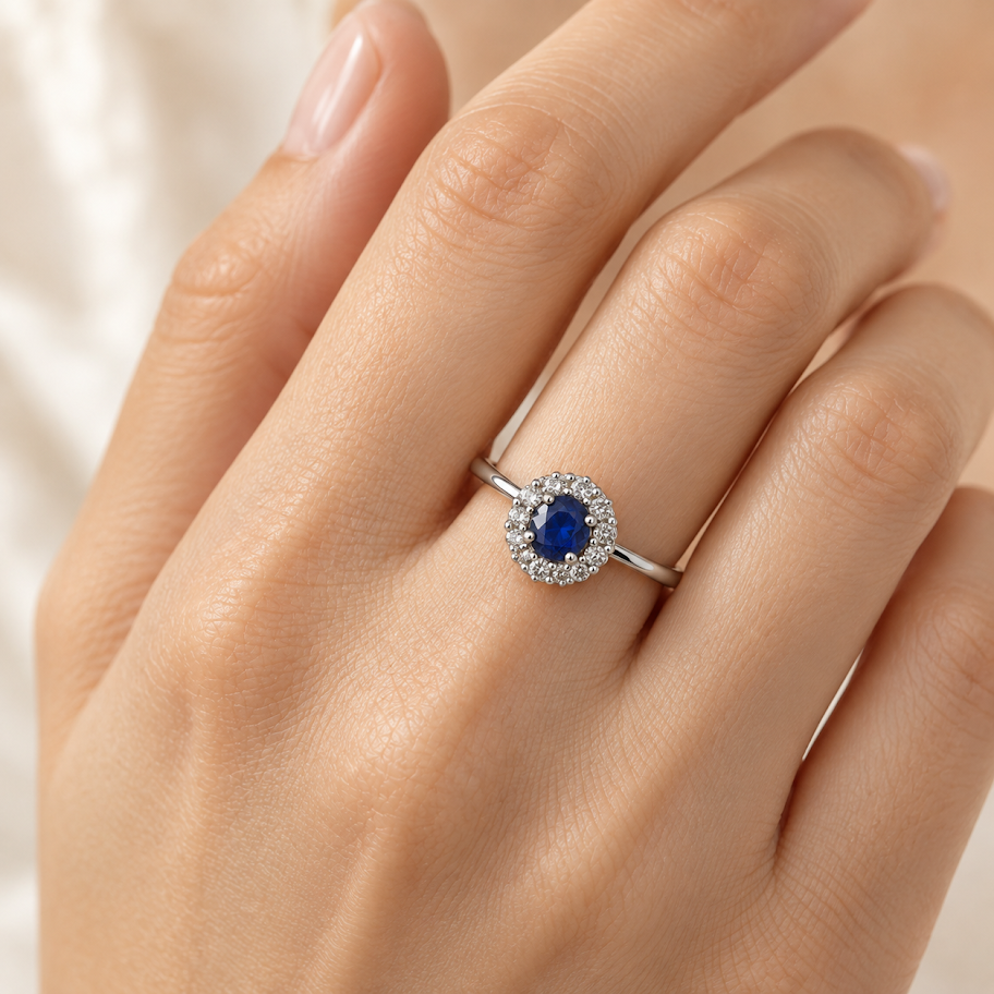 Anillo de Plata 925 con circonia azul oval central y circonias blancas alrededor