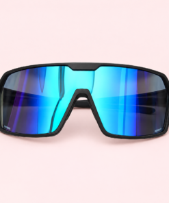 Lente de sol unisex RUSH envolvente con cristal espejado azul y armazón negra.