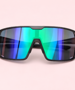 Lente de sol unisex RUSH envolvente con cristal espejado verde y armazón negra.