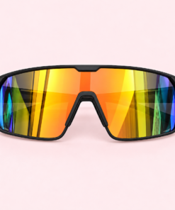 Lente de sol unisex RUSH envolvente con cristal espejado amarillo y armazón negra.